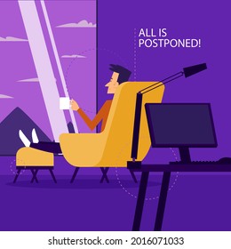 Procrastination concept. Home online work, freelance. Quarantine self-isolation. Burning deadline. Sleepy person idleness, break. Overload, fatigue. Lazy, tired office worker. Vector illustration. 