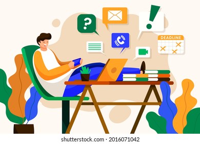 Procrastination concept. Home online work, freelance. Quarantine self-isolation. Burning deadline. Sleepy person idleness, break. Overload, fatigue. Lazy, tired office worker. Vector illustration. 