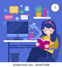 Procrastination concept. Home online work, freelance. Quarantine self-isolation. Burning deadline. Sleepy person idleness, break. Overload, fatigue. Lazy, tired office worker. Vector illustration. 