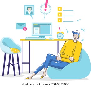 Aufschub-Konzept. Home Online-Arbeit, freiberuflich. Isolieren Sie sich selbst. Brennende Frist. Schlaflose Menschen, Müßiggang, Pause. Überlast, Müdigkeit. Lazy, müde Büroangestellte. Vektorgrafik. 