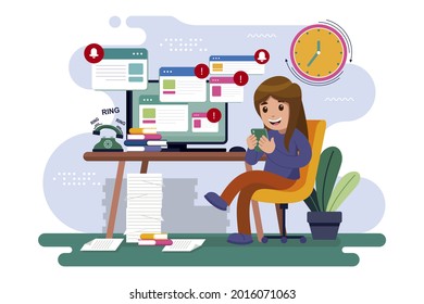 Procrastination concept. Home online work, freelance. Quarantine self-isolation. Burning deadline. Sleepy person idleness, break. Overload, fatigue. Lazy, tired office worker. Vector illustration. 