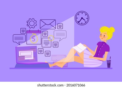 Procrastination concept. Home online work, freelance. Quarantine self-isolation. Burning deadline. Sleepy person idleness, break. Overload, fatigue. Lazy, tired office worker. Vector illustration. 