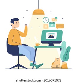 Procrastination concept. Home online work, freelance. Quarantine self-isolation. Burning deadline. Sleepy person idleness, break. Overload, fatigue. Lazy, tired office worker. Vector illustration. 