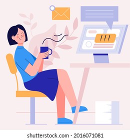 Procrastination concept. Home online work, freelance. Quarantine self-isolation. Burning deadline. Sleepy person idleness, break. Overload, fatigue. Lazy, tired office worker. Vector illustration. 