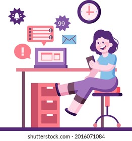 Procrastination concept. Home online work, freelance. Quarantine self-isolation. Burning deadline. Sleepy person idleness, break. Overload, fatigue. Lazy, tired office worker. Vector illustration. 