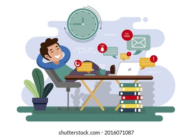 Procrastination concept. Home online work, freelance. Quarantine self-isolation. Burning deadline. Sleepy person idleness, break. Overload, fatigue. Lazy, tired office worker. Vector illustration. 