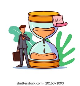 Procrastination concept. Home online work, freelance. Quarantine self-isolation. Burning deadline. Sleepy person idleness, break. Overload, fatigue. Lazy, tired office worker. Vector illustration. 