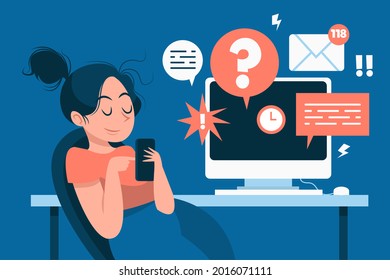 Procrastination concept. Home online work, freelance. Quarantine self-isolation. Burning deadline. Sleepy person idleness, break. Overload, fatigue. Lazy, tired office worker. Vector illustration. 