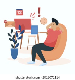 Procrastination concept. Home online work, freelance. Quarantine self-isolation. Burning deadline. Sleepy person idleness, break. Overload, fatigue. Lazy, tired office worker. Vector illustration. 