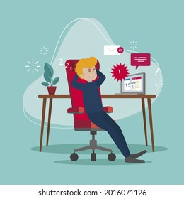 Procrastination concept. Home online work, freelance. Quarantine self-isolation. Burning deadline. Sleepy person idleness, break. Overload, fatigue. Lazy, tired office worker. Vector illustration. 