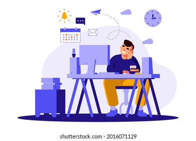 Procrastination concept. Home online work, freelance. Quarantine self-isolation. Burning deadline. Sleepy person idleness, break. Overload, fatigue. Lazy, tired office worker. Vector illustration. 