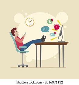 Procrastination concept. Home online work, freelance. Quarantine self-isolation. Burning deadline. Sleepy person idleness, break. Overload, fatigue. Lazy, tired office worker. Vector illustration. 