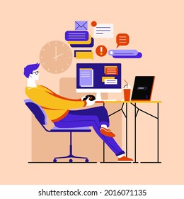 Procrastination concept. Home online work, freelance. Quarantine self-isolation. Burning deadline. Sleepy person idleness, break. Overload, fatigue. Lazy, tired office worker. Vector illustration. 