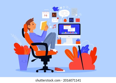 Procrastination concept. Home online work, freelance. Quarantine self-isolation. Burning deadline. Sleepy person idleness, break. Overload, fatigue. Lazy, tired office worker. Vector illustration. 