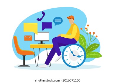 Procrastination concept. Home online work, freelance. Quarantine self-isolation. Burning deadline. Sleepy person idleness, break. Overload, fatigue. Lazy, tired office worker. Vector illustration. 