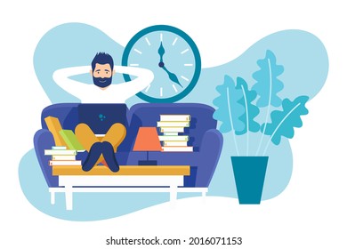 Procrastination concept. Home online work, freelance. Quarantine self-isolation. Burning deadline. Sleepy person idleness, break. Overload, fatigue. Lazy, tired office worker. Vector illustration. 