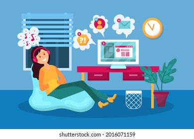Procrastination concept. Home online work, freelance. Quarantine self-isolation. Burning deadline. Sleepy person idleness, break. Overload, fatigue. Lazy, tired office worker. Vector illustration. 