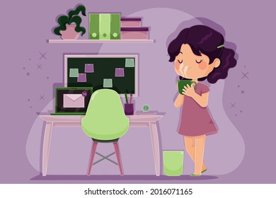 Procrastination concept. Home online work, freelance. Quarantine self-isolation. Burning deadline. Sleepy person idleness, break. Overload, fatigue. Lazy, tired office worker. Vector illustration. 