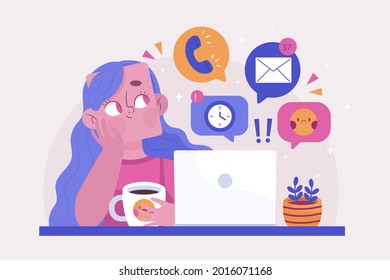 Procrastination concept. Home online work, freelance. Quarantine self-isolation. Burning deadline. Sleepy person idleness, break. Overload, fatigue. Lazy, tired office worker. Vector illustration. 