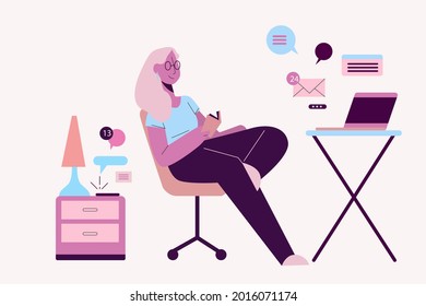 Procrastination concept. Home online work, freelance. Quarantine self-isolation. Burning deadline. Sleepy person idleness, break. Overload, fatigue. Lazy, tired office worker. Vector illustration. 