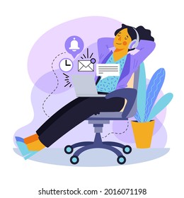 Procrastination concept. Home online work, freelance. Quarantine self-isolation. Burning deadline. Sleepy person idleness, break. Overload, fatigue. Lazy, tired office worker. Vector illustration. 