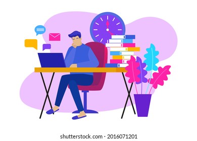 Procrastination concept. Home online work, freelance. Quarantine self-isolation. Burning deadline. Sleepy person idleness, break. Overload, fatigue. Lazy, tired office worker. Vector illustration. 