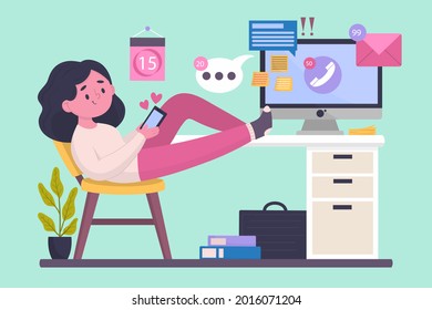 Procrastination concept. Home online work, freelance. Quarantine self-isolation. Burning deadline. Sleepy person idleness, break. Overload, fatigue. Lazy, tired office worker. Vector illustration. 