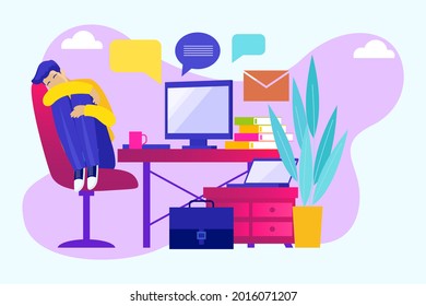 Procrastination concept. Home online work, freelance. Quarantine self-isolation. Burning deadline. Sleepy person idleness, break. Overload, fatigue. Lazy, tired office worker. Vector illustration. 