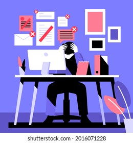 Procrastination concept. Home online work, freelance. Quarantine self-isolation. Burning deadline. Sleepy person idleness, break. Overload, fatigue. Lazy, tired office worker. Vector illustration. 