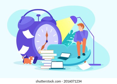 Procrastination concept. Home online work, freelance. Quarantine self-isolation. Burning deadline. Sleepy person idleness, break. Overload, fatigue. Lazy, tired office worker. Vector illustration. 