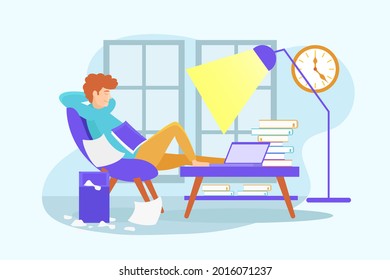 Procrastination concept. Home online work, freelance. Quarantine self-isolation. Burning deadline. Sleepy person idleness, break. Overload, fatigue. Lazy, tired office worker. Vector illustration. 