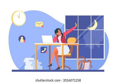 Procrastination concept. Home online work, freelance. Quarantine self-isolation. Burning deadline. Sleepy person idleness, break. Overload, fatigue. Lazy, tired office worker. Vector illustration. 