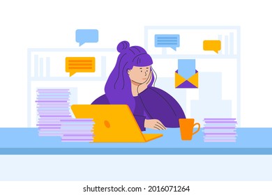 Procrastination concept. Home online work, freelance. Quarantine self-isolation. Burning deadline. Sleepy person idleness, break. Overload, fatigue. Lazy, tired office worker. Vector illustration. 
