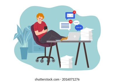 Procrastination concept. Home online work, freelance. Quarantine self-isolation. Burning deadline. Sleepy person idleness, break. Overload, fatigue. Lazy, tired office worker. Vector illustration. 