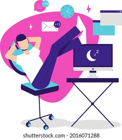 Procrastination concept. Home online work, freelance. Quarantine self-isolation. Burning deadline. Sleepy person idleness, break. Overload, fatigue. Lazy, tired office worker. Vector illustration. 