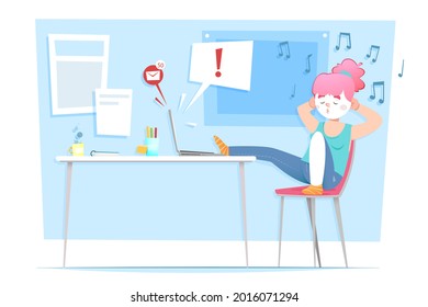 Concepto de aplazamiento. Trabajo en línea en casa, independiente. Autoaislamiento de cuarentena. Plazo límite de quema. Inocencia de una persona somnolienta, quiebre. Sobrecarga, fatiga. Lazy, trabajador de oficina cansado. Ilustración vectorial. 