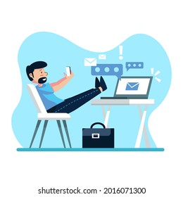 Procrastination concept. Home online work, freelance. Quarantine self-isolation. Burning deadline. Sleepy person idleness, break. Overload, fatigue. Lazy, tired office worker. Vector illustration. 