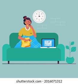 Procrastination concept. Home online work, freelance. Quarantine self-isolation. Burning deadline. Sleepy person idleness, break. Overload, fatigue. Lazy, tired office worker. Vector illustration. 