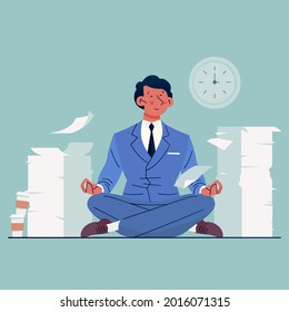 Procrastination concept. Home online work, freelance. Quarantine self-isolation. Burning deadline. Sleepy person idleness, break. Overload, fatigue. Lazy, tired office worker. Vector illustration. 
