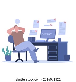 Procrastination concept. Home online work, freelance. Quarantine self-isolation. Burning deadline. Sleepy person idleness, break. Overload, fatigue. Lazy, tired office worker. Vector illustration. 