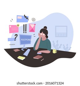Procrastination concept. Home online work, freelance. Quarantine self-isolation. Burning deadline. Sleepy person idleness, break. Overload, fatigue. Lazy, tired office worker. Vector illustration. 
