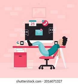 Procrastination Concept. Home Online Work, Freelance. Quarantine Self-isolation. Burning Deadline. Sleepy Person Idleness, Break. Overload, Fatigue. Lazy, Tired Office Worker. Vector Illustration. 