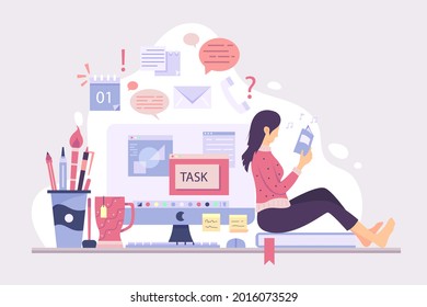 Procrastination concept. Home online work, freelance. Postponed cases. Quarantine self-isolation. Burning deadline. Sleepy person idleness, break. Overload, fatigue. Lazy, tired office worker. Vector