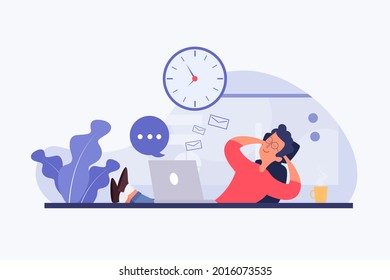 Procrastination concept. Home online work, freelance. Postponed cases. Quarantine self-isolation. Burning deadline. Sleepy person idleness, break. Overload, fatigue. Lazy, tired office worker. Vector