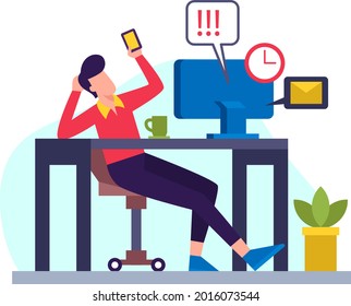 Procrastination concept. Home online work, freelance. Postponed cases. Quarantine self-isolation. Burning deadline. Sleepy person idleness, break. Overload, fatigue. Lazy, tired office worker. Vector