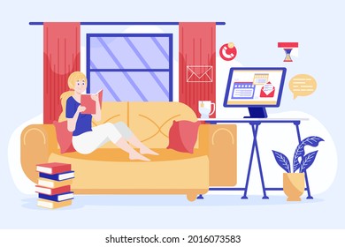 Procrastination concept. Home online work, freelance. Postponed cases. Quarantine self-isolation. Burning deadline. Sleepy person idleness, break. Overload, fatigue. Lazy, tired office worker. Vector