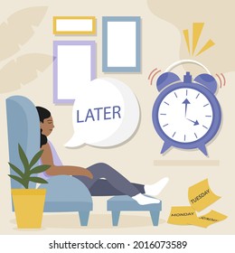 Procrastination concept. Home online work, freelance. Postponed cases. Quarantine self-isolation. Burning deadline. Sleepy person idleness, break. Overload, fatigue. Lazy, tired office worker. Vector