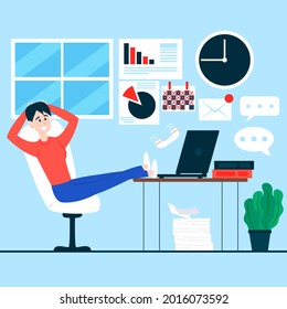Procrastination concept. Home online work, freelance. Postponed cases. Quarantine self-isolation. Burning deadline. Sleepy person idleness, break. Overload, fatigue. Lazy, tired office worker. Vector
