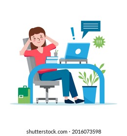 Procrastination concept. Home online work, freelance. Postponed cases. Quarantine self-isolation. Burning deadline. Sleepy person idleness, break. Overload, fatigue. Lazy, tired office worker. Vector