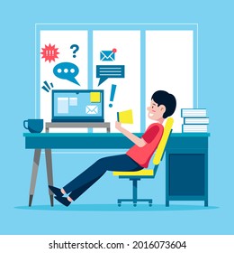 Procrastination concept. Home online work, freelance. Postponed cases. Quarantine self-isolation. Burning deadline. Sleepy person idleness, break. Overload, fatigue. Lazy, tired office worker. Vector